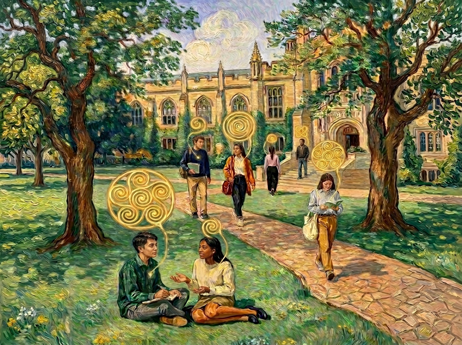 Painted university campus scene